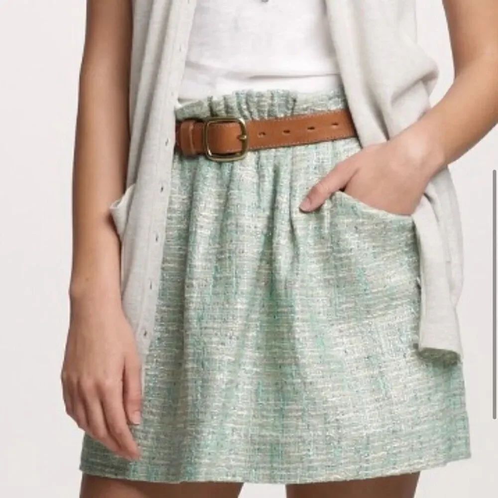 J. Crew Womens Tweed Green Mini Skirt Size 10 Shirred with Pockets NEW